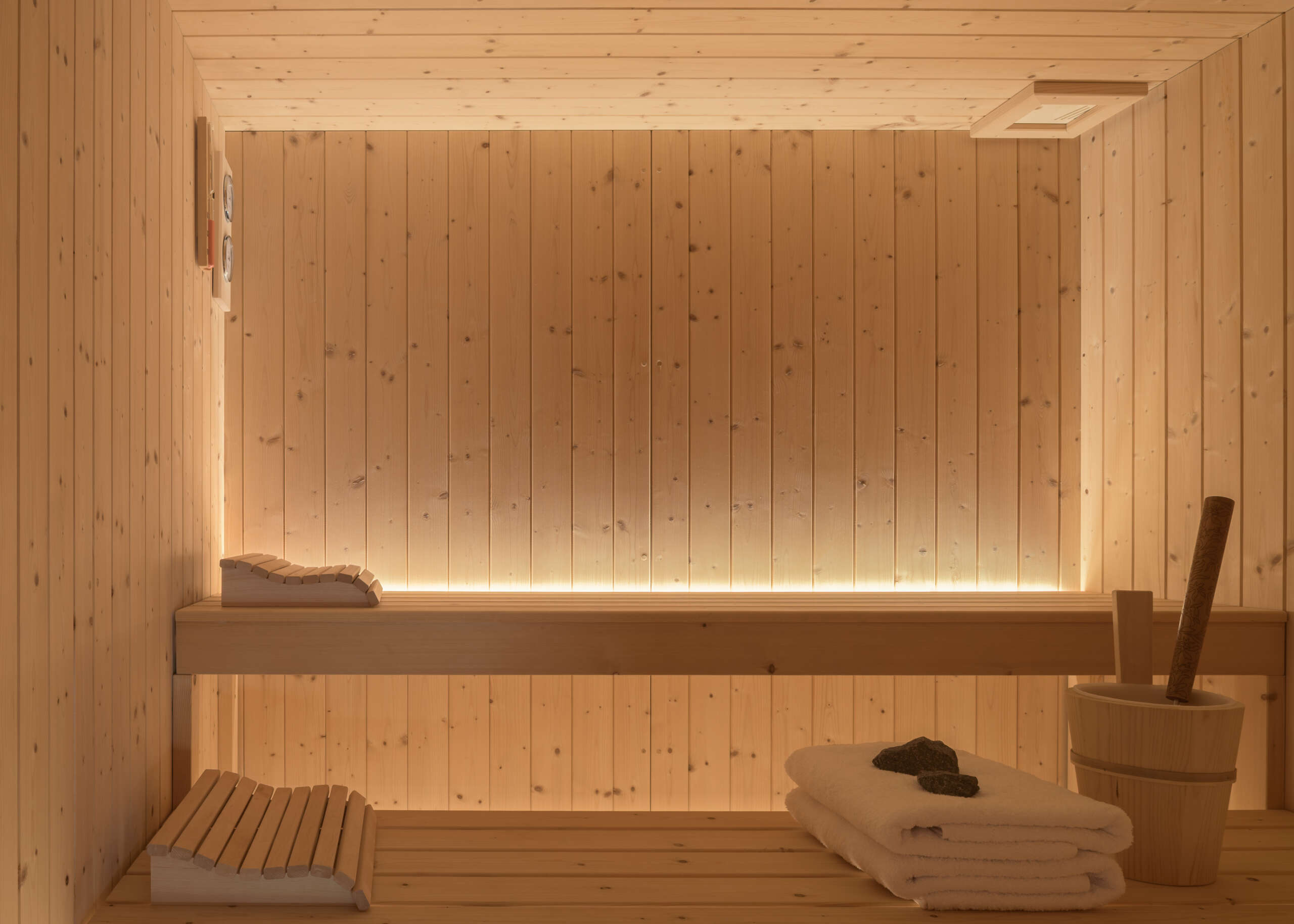 Unwind in the private sauna and steam bath after a beach day. Unwind in the private sauna and steam bath after a beach day.